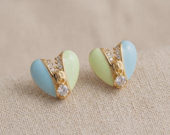 Pastel Enamel Heart Earrings, Delicate gold-plated stud,Cute Macaron Blue Green Heart Jewelry, Tiny Heart Earring for Her, Gift for Daughter