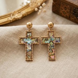Vintage Abalone Shell Cross Earrings, Gold Dainty Mother of Pearl Crucifix Drop Earrings, Religious Jewelry Gift for Her, Celestial Gothic