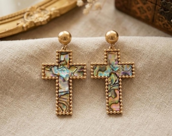 Vintage Abalone Shell Cross Earrings, Gold Dainty Mother of Pearl Crucifix Drop Earrings, Religious Jewelry Gift for Her, Celestial Gothic