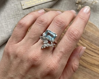 Blue Gemstone Butterfly Ring, Adjustable Ring for Women, Elegant Nature-Inspired Jewelry, Handmade Gift, Crystal Insect Design