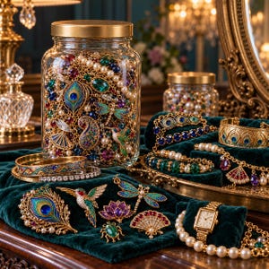 Puede incluir: Un frasco de vidrio grande lleno de joyas coloridas que incluyen motivos de plumas de pavo real, libélulas y colibríes. Alrededor del frasco hay broches, pulseras y un reloj de pulsera dorado sobre tela de terciopelo verde.