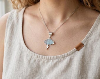 Handmade Cloud and Lightning Necklace, Frosted Blue Glass Pendant, Minimalist Weather Jewelry, Unique Gift for Her, Bluey Gift FOR HER
