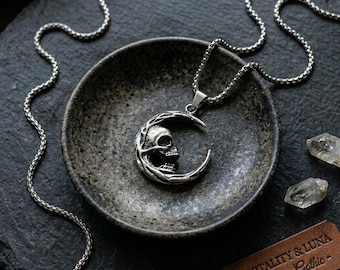 Gothic Skeleton Moon Necklace, Vintage Silver Skull Crescent Pendant, Punk Rock Jewelry for Men Women, Alt Fashion Gift, Biker Style Charm