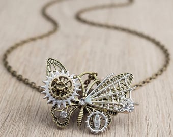 Steampunk Butterfly Necklace, Mechanical Gear Jewelry, Vintage Bronze Skeleton Wings Pendant, Victorian Industrial Accessories, Gift for Her