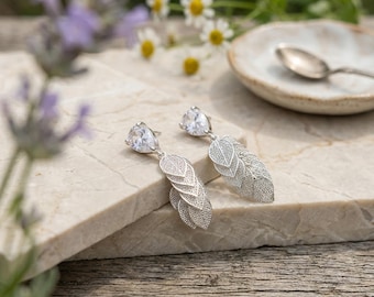 Dainty Silver Leaf Filigree Drop Earrings, Sparkly Teardrop Crystal Bridal Jewelry, Boho Feather Earrings for Wedding, Elegant Gift for Her