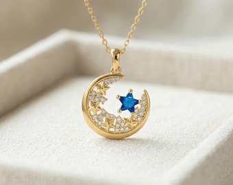Gold Plated Celestial Necklace, Blue Sapphire Star and Crescent Moon Pendant, Pave Moissanite Pendants, Delicate Minimalist Zodiac Gift