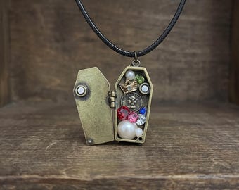 Vintage Bronze Coffin Locket Necklace Steampunk Gothic Jewelry Secret Compartment Curiosities Memento Mori Hidden Treasure Silver Chain