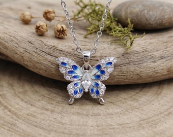 Butterfly Necklace Silver Dainty Blue Enamel Pendant Charm Cubic Zirconia Animal Choker Aesthetic Cottagecore Jewelry Gift for Her Mother