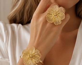 Gold Flower Ring Bracelet Set, Large Filigree Floral Statement Jewelry, Oversized Blossom Cuff Bracelet, Silver Wedding Jewelry for Brides