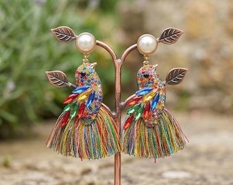 Colorful Parrot Tassel Earrings, Rainbow Crystal Bird Drop Earrings, Pearl Stud Statement Jewelry, Tropical Summer Accessories, Gift for Her