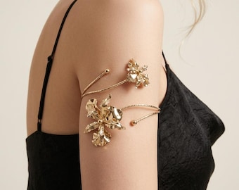 Gold Orchid Arm Cuff Bracelet, Floral Upper Arm Band, Adjustable Flower Armlet Jewelry, Bridal Arm Ring, Unique Wedding Gift for Her