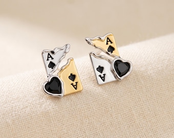 Ace of Spades Poker Card Stud Earrings, Black Heart a drop of oil Earrings, Unique Gambling Jewelry Gift, Cool Poker Earrings for Her Him