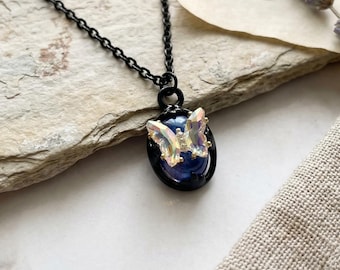 Handmade Butterfly Pendant Necklace,Iridescent Crystal Butterfly on Blue Cabochon,Black Chain Jewelry,Bluey Gift FOR HER,fiesta gift for her