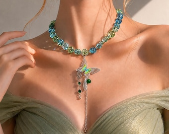 Butterfly Fairy Crystal Choker Necklace cottagecore Beaded Y2K Y-Shape Tassel Pendant Goblincore Aesthetic Vintage Grunge Prom Jewelry Gift