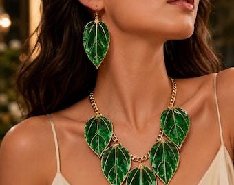 Leaf Necklace Set, Statement Leaf Jewelry Set, Colorful Leaf Pendant Necklace Earrings Set, Bridal Wedding Jewelry Gift for Women Boho Style