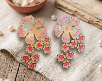 Hand Painted Enamel Flower Earrings, Nature Lover Gift, Floral Drop Jewelry for Wedding, Bridal Party Gift,Birthday Gift for Her