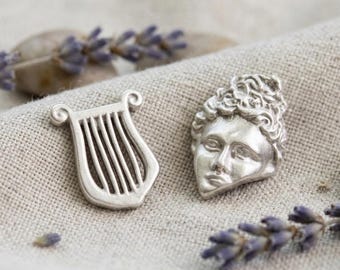 Apollo and Lyre Stud Earrings, Ancient Greek Mythology Jewelry, Mismatched Celestial God Earrings, Musician Gift for Her