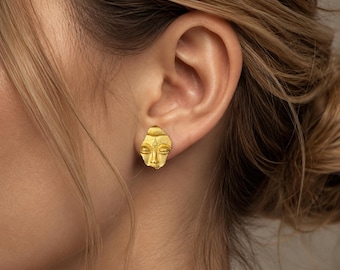 Gold Face Stud Earrings, Abstract Sculpture Earrings, Minimalist Art Jewelry, Modern Statement Studs, Gift for Her Handmade