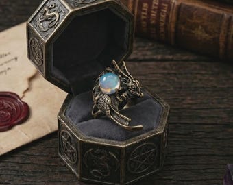 Gothic Dragon Ring, Fairycore Fantasy Jewelry, Dark Academia Statement Ring, Mystical Vintage Bronze Gemstone Wearable Art Gift for Her