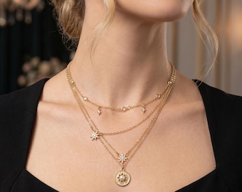 Layered Gold Starburst Necklace, Gold Multi Strand Celestial Pendant, Dainty Pearl Sun Coin Choker, Galaxy Jewelry Gift for Her