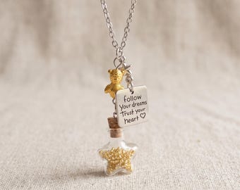Wish Bottle Necklace, Follow Your Dreams Star Locket, Tiny Gold Bear Charm, Encouragement Gift for Her, Sentimental Message Jewelry