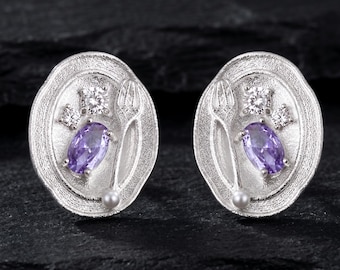 Artistic Silver Sandblasted Oval Stud Earrings,Purple Crystal Fork & Pearl Surrealist Jewelry, Unique Creative Gift for Her, Whimsical Studs