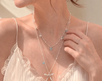 Layered Starfish Crystal Necklace, Handmade Silver Tone Beach Jewelry, Ocean Charm Choker, Gift for Her, Coastal Wedding, Boho Vacation Look