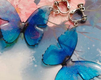 Personalized Blue Butterfly Earrings, Custom Name Bar Clip, Nature Jewelry, Nature Jewelry Gift for Her, Handmade Accessoryedd gift for her