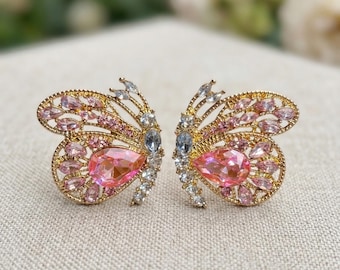 Pink Crystal Butterfly Stud Earrings, satire whimsical Gold Wings Jewelry, Dainty Filigree Earrings for Women,Bluey Gift FOR HER
