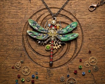 Steampunk Dragonfly Necklace, Colorful Enamel Wing Pendant with Gears and Crystals, Handmade Vintage Jewelry Gift for Her, Gothic Boho Style