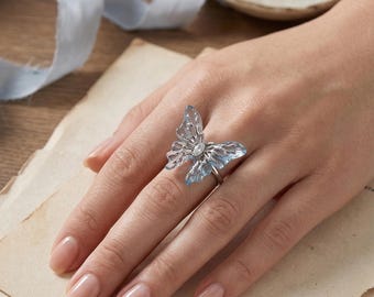 Blue Butterfly Ring, Handmade crystal bow ring, Crystal Wing Jewelry for Women, Nature-Inspired Romantic Gift,Bluey Gift FOR HER