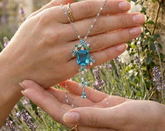 Blue Crystal Pendant Necklace, Elegant  Chain Jewelry, Winter Inspired Gift for Her and mom, Tiny Blue Necklace,forest design ring