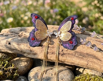 unique design Butterfly Earrings, Purple Embroidered Wing Dangles, Statement Jewelry, Romantic Gift for Her and mom, Evening Wear