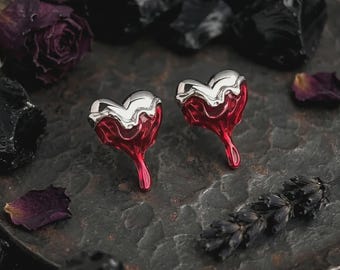 Gothic Bleeding Heart Earrings,Melting Silver Blood Drop Studs,Red Liquid Heart Jewelry,Emo Punk Grunge Earrings,Dark Aesthetic Gift for Her