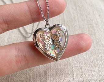 Vintage Heart Butterfly Locket Necklace, Silver Heart Photo Pendant with Iridescent Butterfly, Personalized Gift for Her, Romantic Jewelry