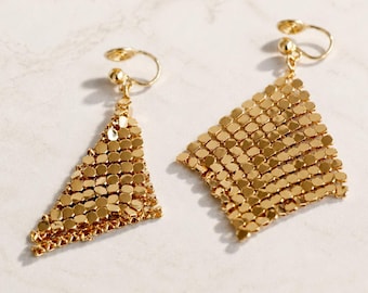 Asymmetrical Gold Mesh Clip On Earrings, Geometric Triangle Square Chainmail Statement Jewelry, Retro Party Handcrafted Gift for Her
