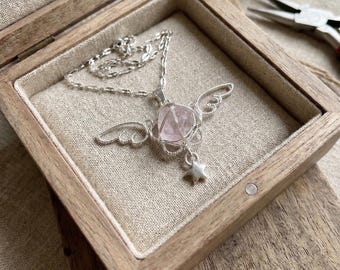 Handcrafted angel wing necklace, rose quartz crystals, silver-wrapped pendant, hand made Birth Gift—a heavenly gift for her