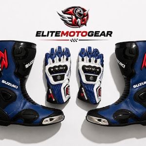 Suzuki GSX-R Racing-stövlar och handskar | Handgjord motorcykel i äkta läder | Skyddande utrustning för motorcyklister