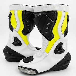 Motorcycle Racing Boots – Handmade Genuine Leather MotoGP Riding Boots, High Visibility Biker Protective Gear