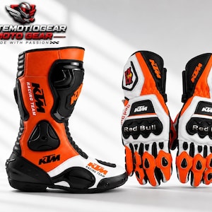 KTM Racing-stövlar och handskar, handgjord motorcykelutrustning i äkta läder, skyddande cyklistutrustning