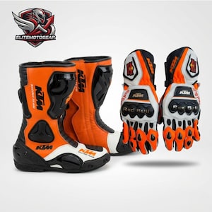 Conjunto de botas y guantes de moto de competición KTM – Equipamiento de motociclismo MotoGP de cuero auténtico, hecho a mano y homologado CE.