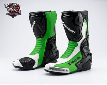 Botas de Motociclismo Kawasaki: Calzado de MotoGP de Cuero Genuino Hecho a Mano / Calzado de Protección para Motociclistas