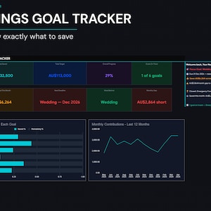 May include: A digital savings goal tracker from Google Sheets. The tracker displays financial data, including total savings, goals, and progress. The interface features charts and graphs for visualizing financial contributions and progress toward each goal. Text on the image reads "SAVINGS GOAL TRACKER".