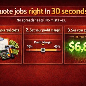 May include: An infographic with the text "Quote jobs right in 30 seconds." It shows steps: enter costs, set profit margin, and see profit. Includes a clipboard, calculator, hammer, and money, with a final profit of £6,811.