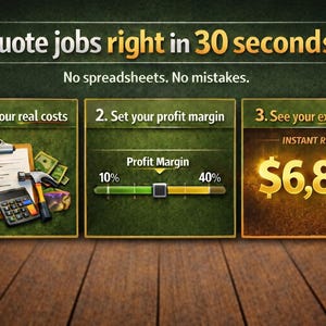 May include: An infographic with the text "Quote jobs right in 30 seconds." It shows a clipboard, calculator, and hammer, followed by a profit margin slider, and finally, a display showing "$6,811."