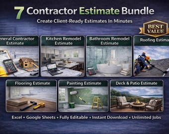 7 Contractor Estimate Bundle | Construction Bid Templates | Kitchen, Bath, Roofing, Painting, Deck, Flooring