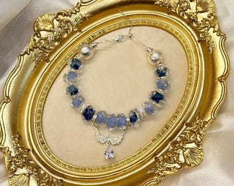 Pulsera de cuentas de cristal azul, dije de lazo de circonita cúbica plateada, cadena ajustable, regalo para ella