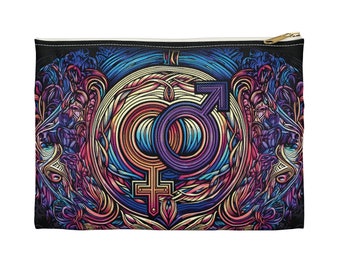 Accessory Pouch, Male and Female symbols, joined, colorful, united, co-mingled, aligned cosmically, symbolizing unity, unique gift, boho