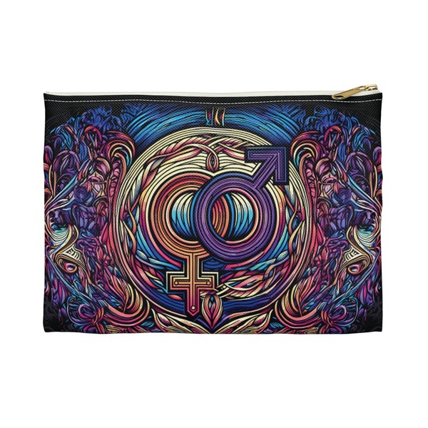 Accessory Pouch, Male and Female symbols, joined, colorful, united, co-mingled, aligned cosmically, symbolizing unity, unique gift, boho