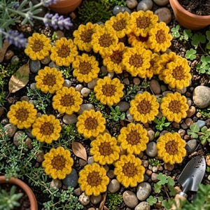 May include: A display of crocheted sunflowers, each with yellow petals and a brown centre. The flowers are arranged on a bed of pebbles, soil, and greenery. A small trowel is visible. The sunflowers are a vibrant yellow, evoking a sense of warmth and nature.